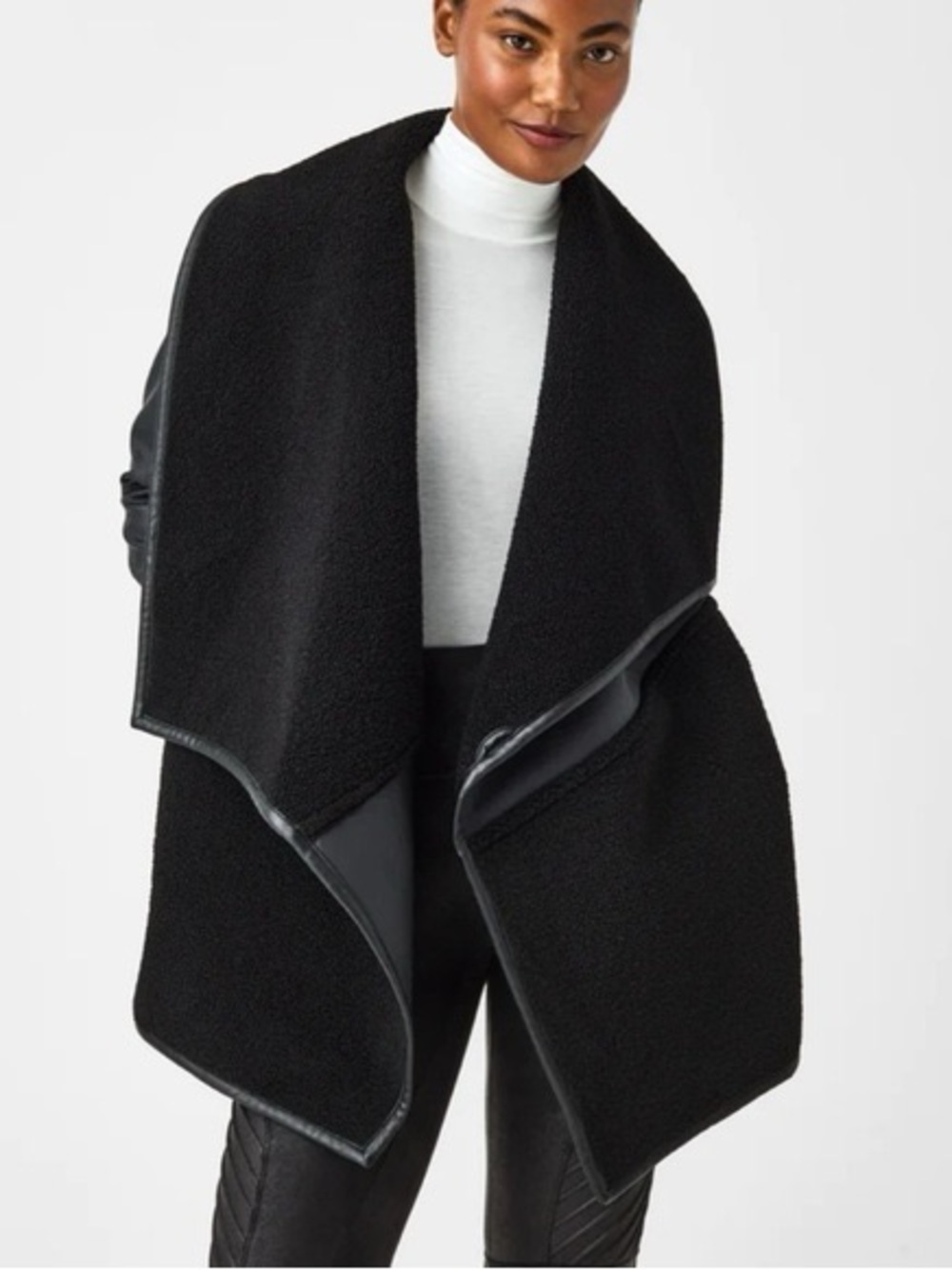 SPANX Fleece and Faux Leather Long Wrap Jacket Draped Mixed Media Very Black M